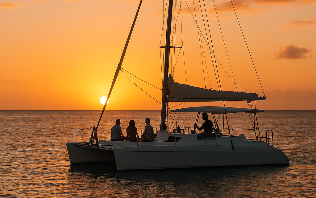 Sunset aperitif on a catamaran Smooth sailing, music, and cocktails at golden hour